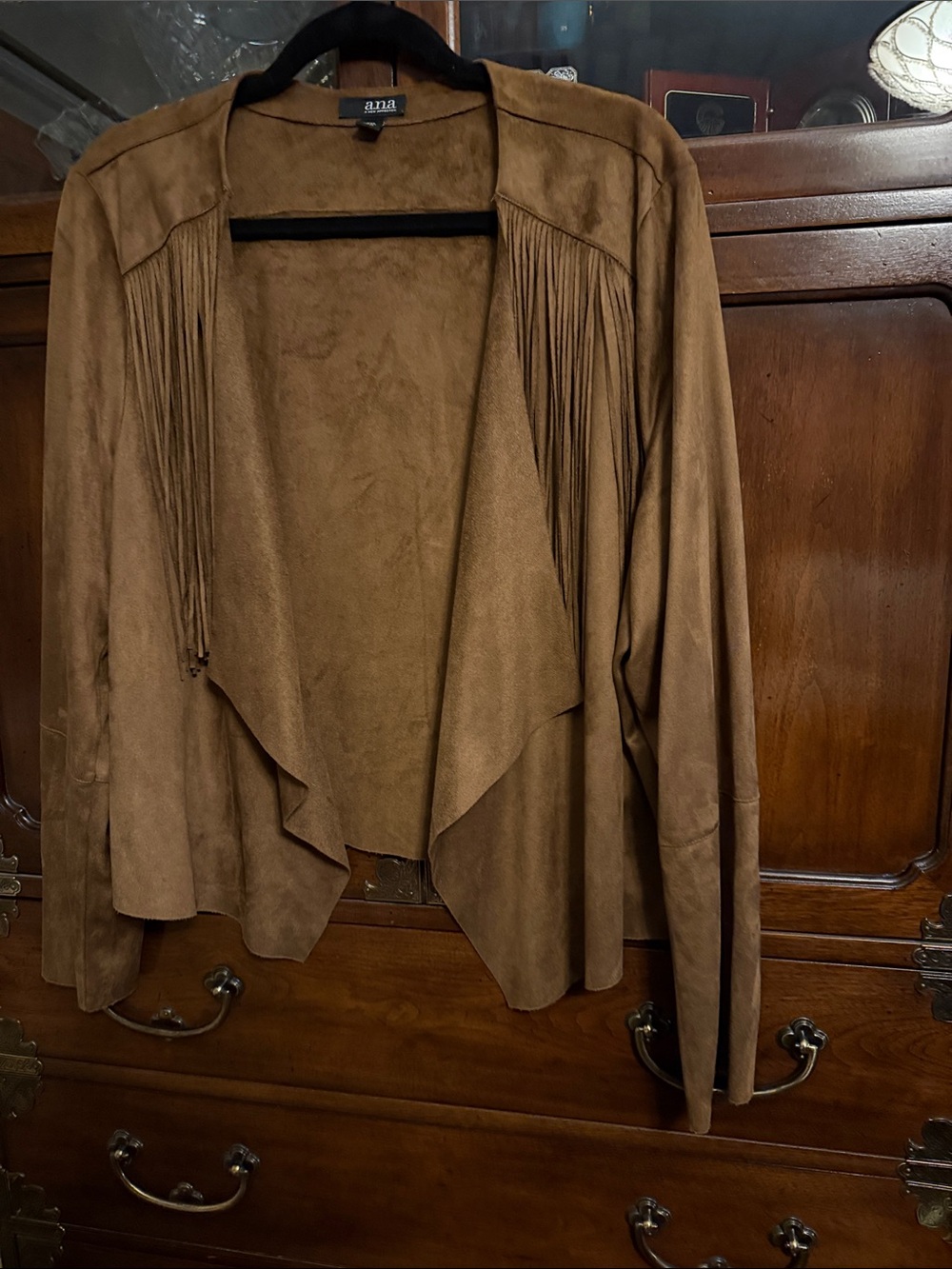 a.n.a Brown Suede-Look Fringe Open Front Jacket